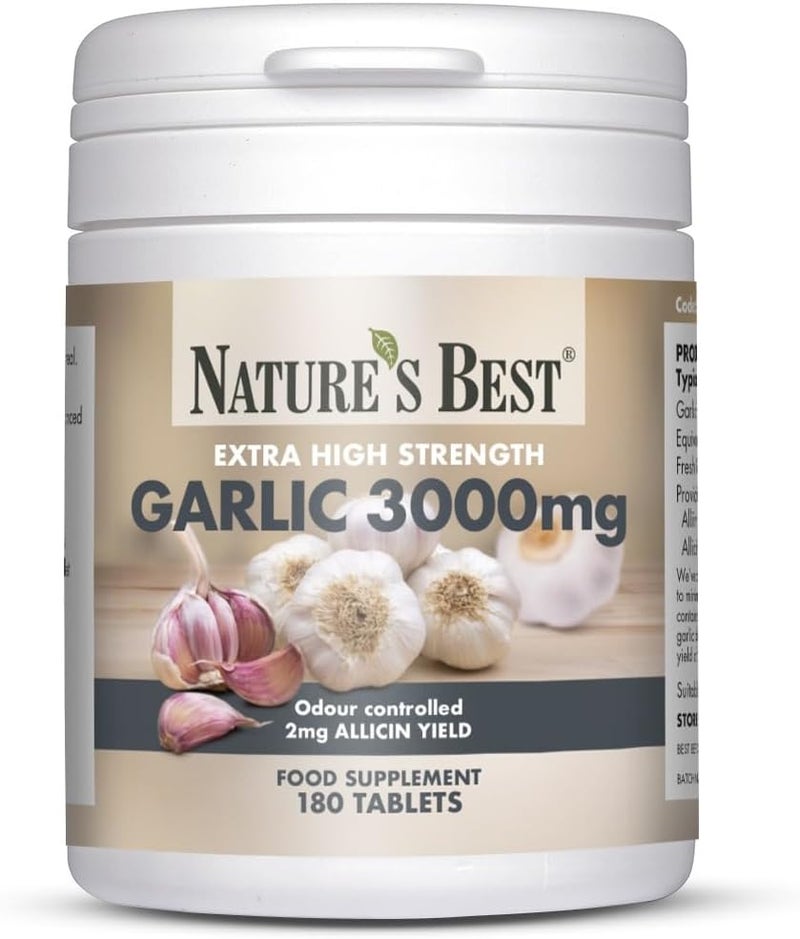 Natures Best Garlic Tablets 3000mg High Strength Rich in Allicin Taste Controlled Odthisless Equivalent to 3000mg of Fresh Garlic UK Made 180 Tablets 6 Months Supply - Image 1