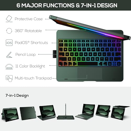 typecase حافظة Typecase Touch لجهاز iPad الجيل العاشر مع لوحة مفاتيح (10.9 بوصة، 2022) و iPad A16 (الجيل الحادي عشر، 2025) – قابلة للدوران 360°، إضاءة خلفية بـ 11 لون، لوحة تتبع متعددة اللمس، رقيقة وخفيفة (أخضر منتصف الليل) - Image 4