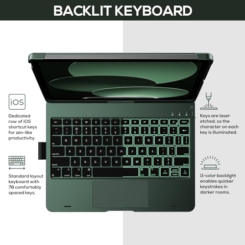 typecase حافظة Typecase Touch لجهاز iPad الجيل العاشر مع لوحة مفاتيح (10.9 بوصة، 2022) و iPad A16 (الجيل الحادي عشر، 2025) – قابلة للدوران 360°، إضاءة خلفية بـ 11 لون، لوحة تتبع متعددة اللمس، رقيقة وخفيفة (أخضر منتصف الليل) - Image 3