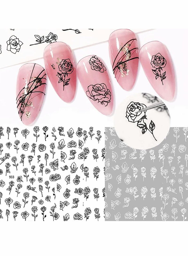 Excefore ملصقات أظافر على شكل زهور، ملصقات أظافر ذاتية اللصق ثلاثية الأبعاد على شكل وردة سوداء وبيضاء، ديكور منزلي على شكل زهرة مجوفة للأظافر المصنوعة من الأكريليك (6 أوراق) - Image 1