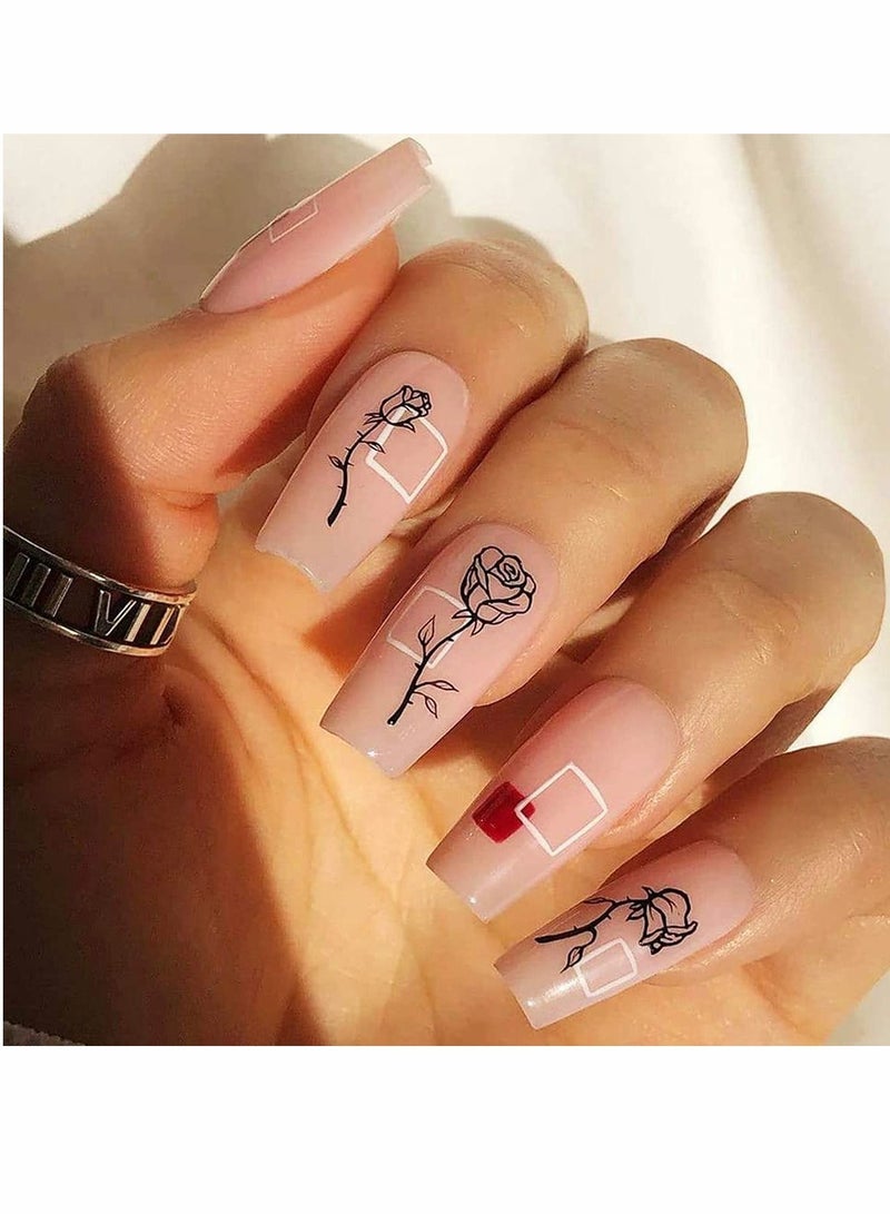 Excefore ملصقات أظافر على شكل زهور، ملصقات أظافر ذاتية اللصق ثلاثية الأبعاد على شكل وردة سوداء وبيضاء، ديكور منزلي على شكل زهرة مجوفة للأظافر المصنوعة من الأكريليك (6 أوراق) - Image 5