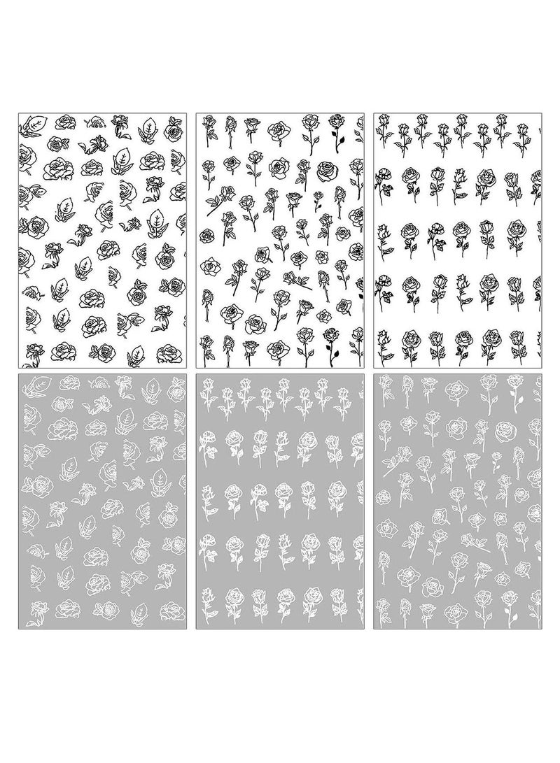 Excefore ملصقات أظافر على شكل زهور، ملصقات أظافر ذاتية اللصق ثلاثية الأبعاد على شكل وردة سوداء وبيضاء، ديكور منزلي على شكل زهرة مجوفة للأظافر المصنوعة من الأكريليك (6 أوراق) - Image 2