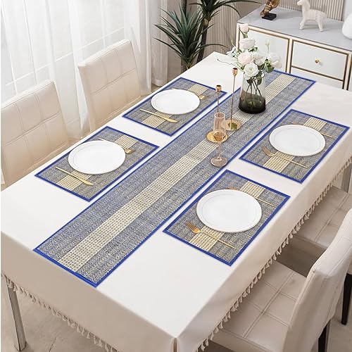KalaTree Table Runner for 4 Seater Dining Table with mats Handmade Reversible Heat Resistant | River Grass Placemats Zero Plastic | Natural Madurkathi Eco Friendly | 4 Mats and Runner Joyful - Image 1
