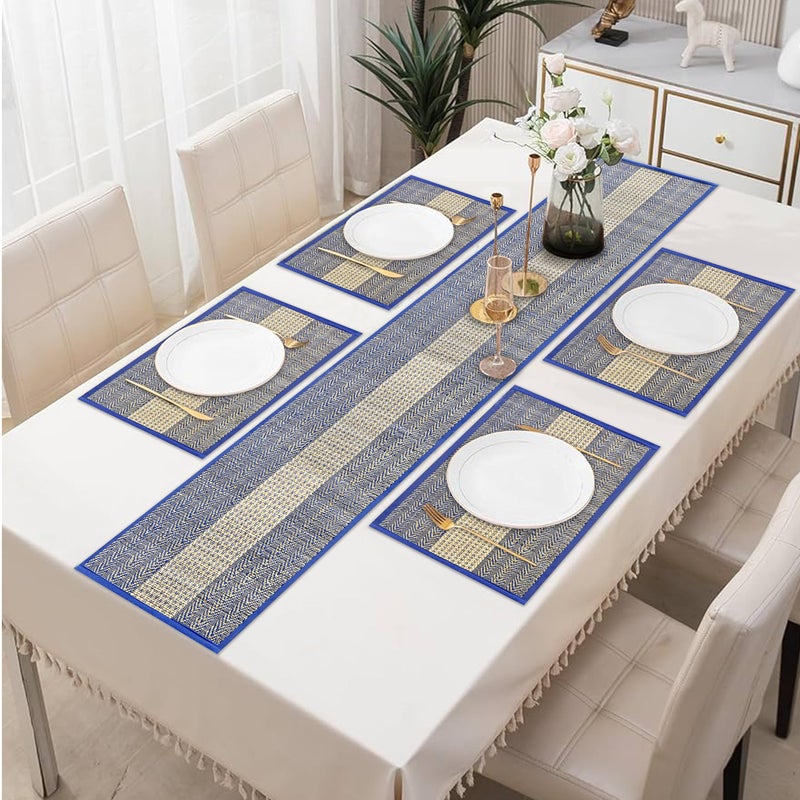 KalaTree Table Runner for 4 Seater Dining Table with mats Handmade Reversible Heat Resistant | River Grass Placemats Zero Plastic | Natural Madurkathi Eco Friendly | 4 Mats and Runner Joyful - Image 4