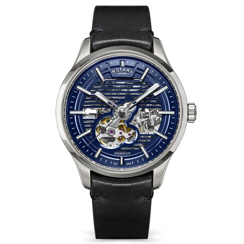 روتاري ساعة Rotary Greenwich الرجالية الأوتوماتيكية (هيكل مكشوف/Skeleton) من الفولاذ المقاوم للصدأ مع حزام جلدي أسود، مقاومة للماء حتى 100 متر - RGS10077/05