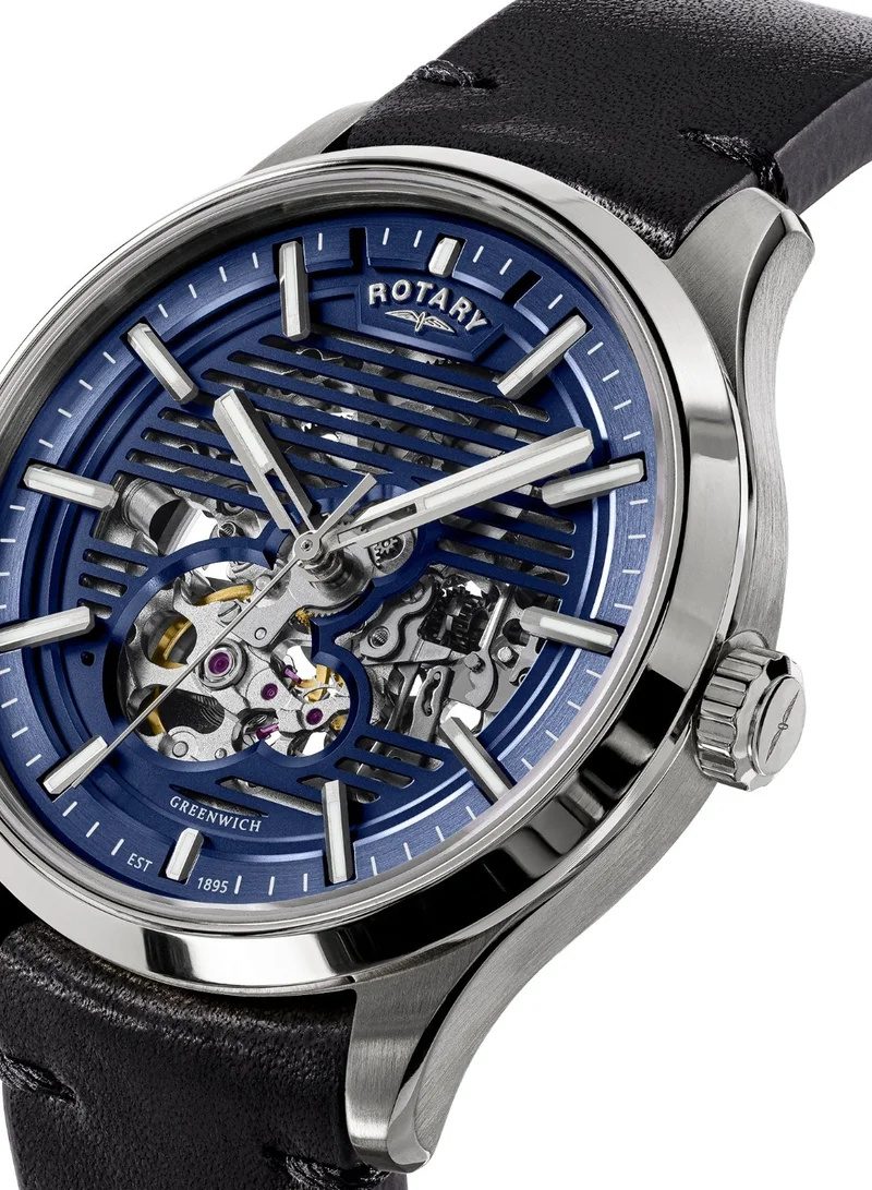 Rotary Men's Greenwich GT1 Skeleton Automatic Watch, 42 mm, Blue Dial, Black Leather Strap
