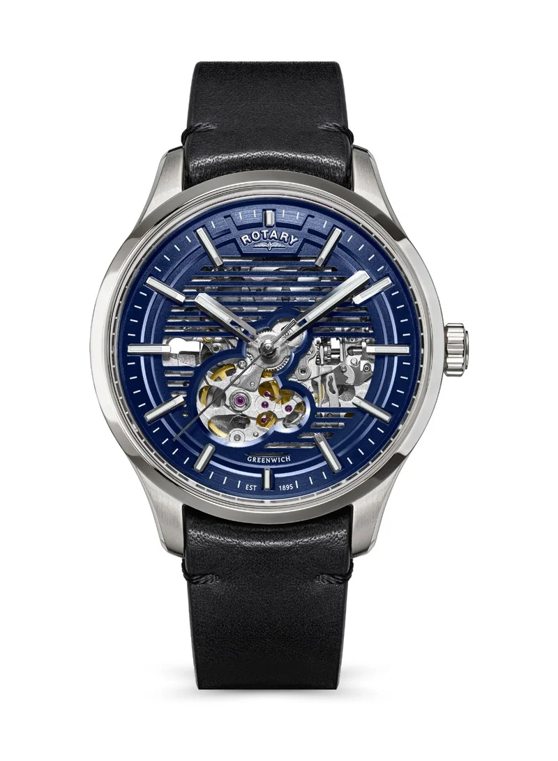 Rotary Men's Greenwich GT1 Skeleton Automatic Watch, 42 mm, Blue Dial, Black Leather Strap