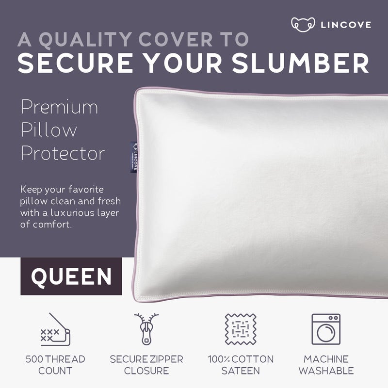 Lincove Lincove 100% Cotton Sateen Pillow Protector Cover - Zipper Pillow Cover - 500 Thread Count Luxury Cotton - Zippered Dust Pillow Protector Bed Pillow Case  Queen  20 x30  - 2 Pack  - Image 2