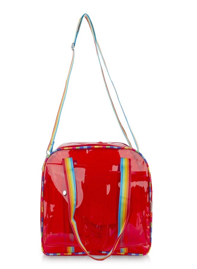 Echo Boomers Unisex Transparent Jelly Duffle Bag - Trendy Red Travel Tote with Rainbow Straps & Dual Front Pockets - Fashion Gym, College & Weekend Bag - Image 4