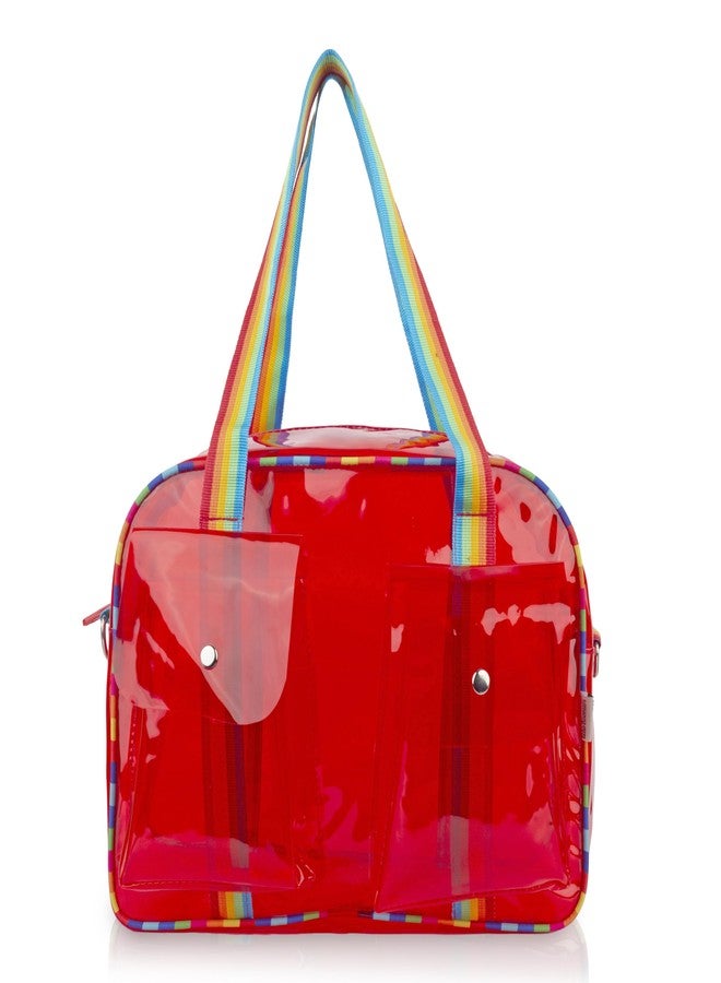 Echo Boomers Unisex Transparent Jelly Duffle Bag - Trendy Red Travel Tote with Rainbow Straps & Dual Front Pockets - Fashion Gym, College & Weekend Bag - Image 1