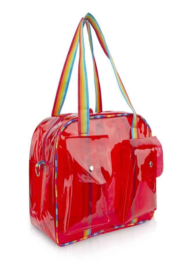 Echo Boomers Unisex Transparent Jelly Duffle Bag - Trendy Red Travel Tote with Rainbow Straps & Dual Front Pockets - Fashion Gym, College & Weekend Bag - Image 3