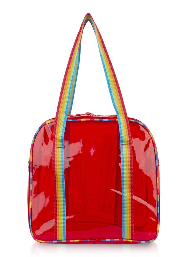 Echo Boomers Unisex Transparent Jelly Duffle Bag - Trendy Red Travel Tote with Rainbow Straps & Dual Front Pockets - Fashion Gym, College & Weekend Bag - Image 2