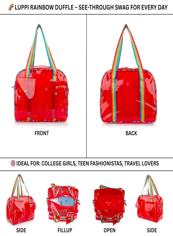 Echo Boomers Unisex Transparent Jelly Duffle Bag - Trendy Red Travel Tote with Rainbow Straps & Dual Front Pockets - Fashion Gym, College & Weekend Bag - Image 5