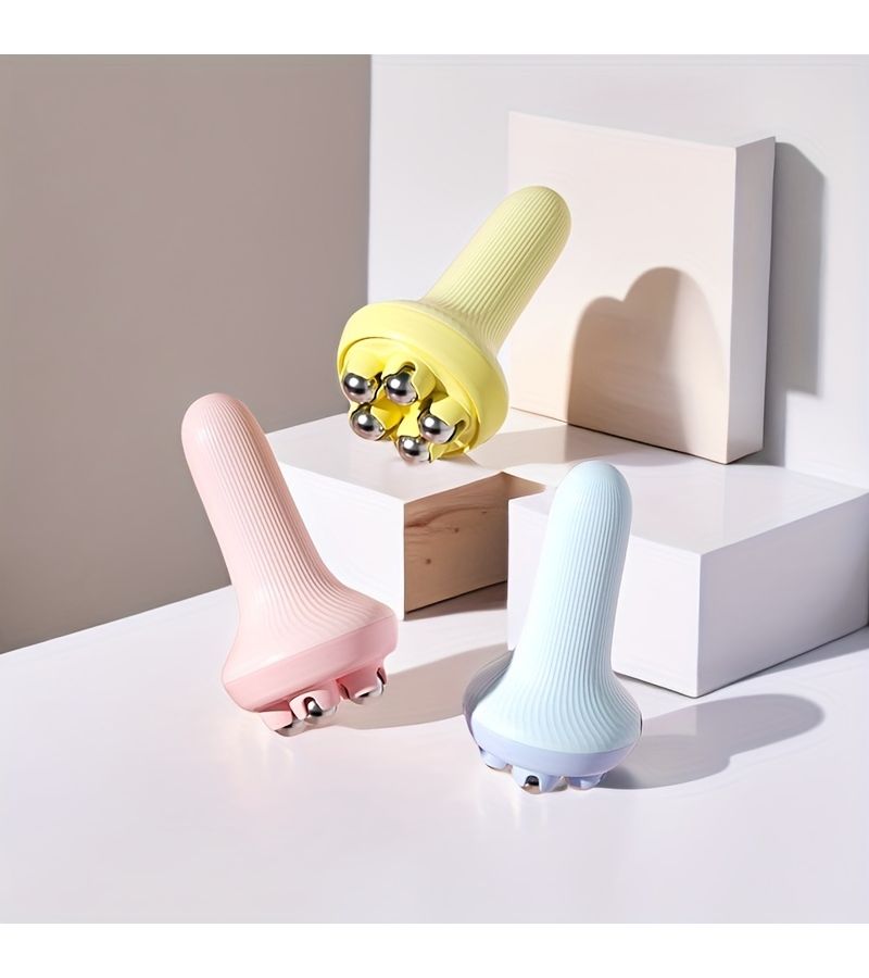 Yellow Handheld Body Massager Round Roller Balls Relieves Muscles Portable Easy Self Massage - Image 1