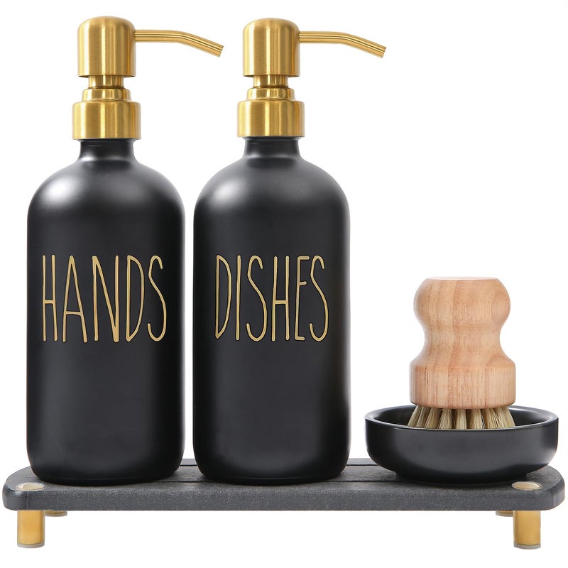 MOMEEMO Soap Dispenser Set Comes with Stainless Pumps, Instant Dry Tray, and Dish Scrub Brush, Suitable for Black and Gold Kitchen Decor. (Black & Gold) - Image 1