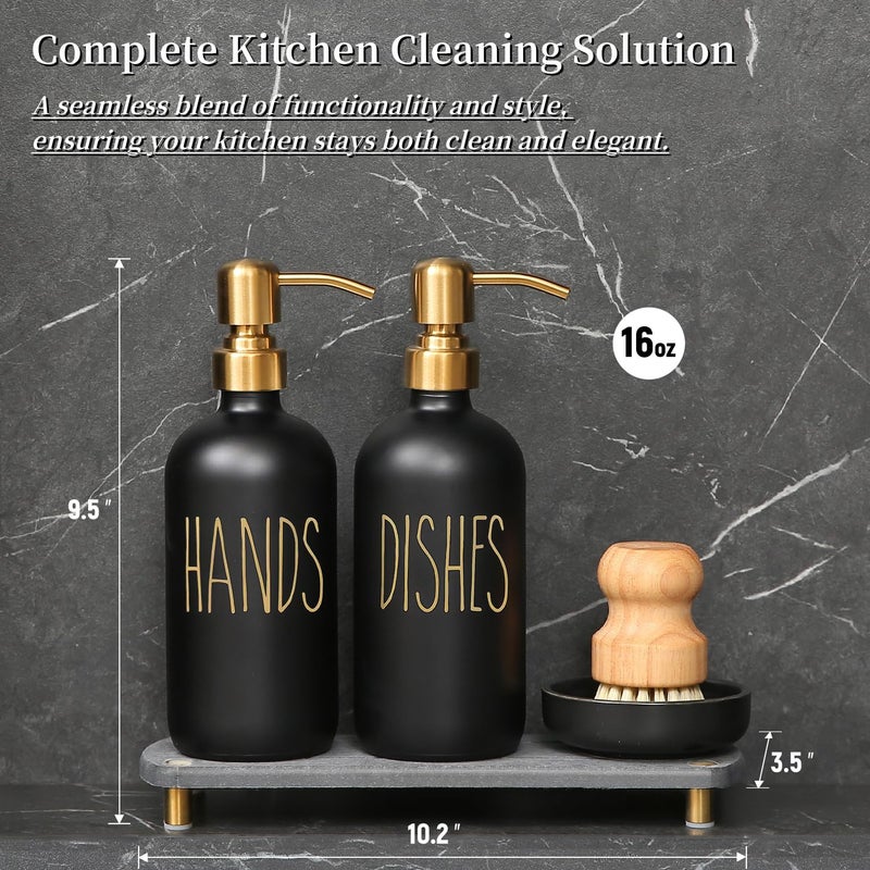 MOMEEMO Soap Dispenser Set Comes with Stainless Pumps, Instant Dry Tray, and Dish Scrub Brush, Suitable for Black and Gold Kitchen Decor. (Black & Gold) - Image 2