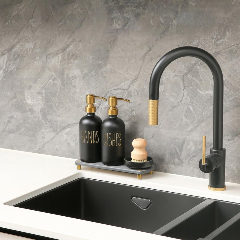 MOMEEMO Soap Dispenser Set Comes with Stainless Pumps, Instant Dry Tray, and Dish Scrub Brush, Suitable for Black and Gold Kitchen Decor. (Black & Gold) - Image 3