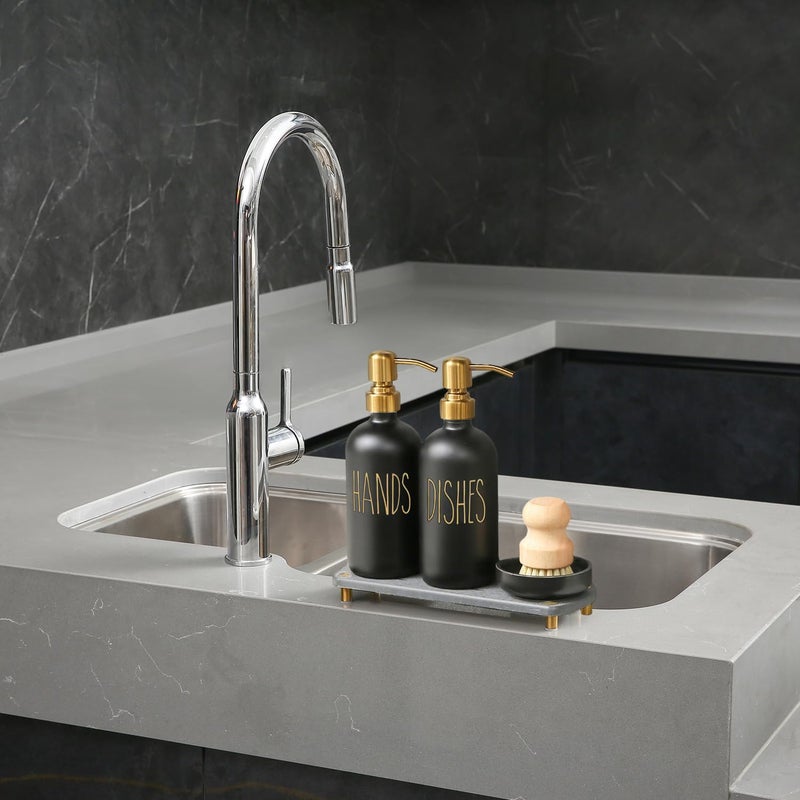 MOMEEMO Soap Dispenser Set Comes with Stainless Pumps, Instant Dry Tray, and Dish Scrub Brush, Suitable for Black and Gold Kitchen Decor. (Black & Gold) - Image 5