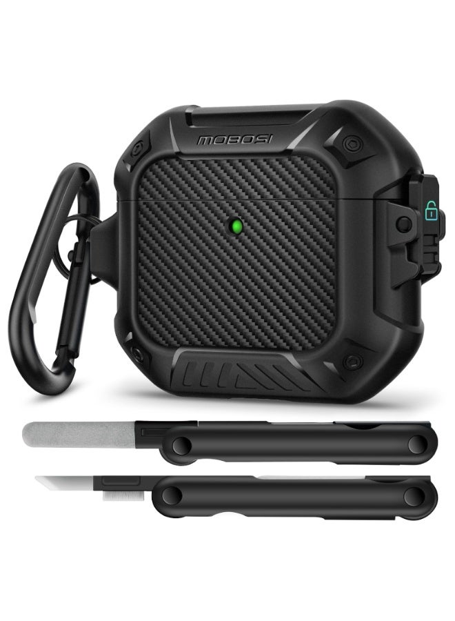 موبوسي جراب لسماعات AirPods 4، متوافق مع AirPods الجيل الرابع، مزوّد بقفل وحلقة مفاتيح ومجموعة تنظيف، غطاء صلب واقٍ كامل ومقاوم للصدمات (إصدار 2024)، أسود. - Image 1