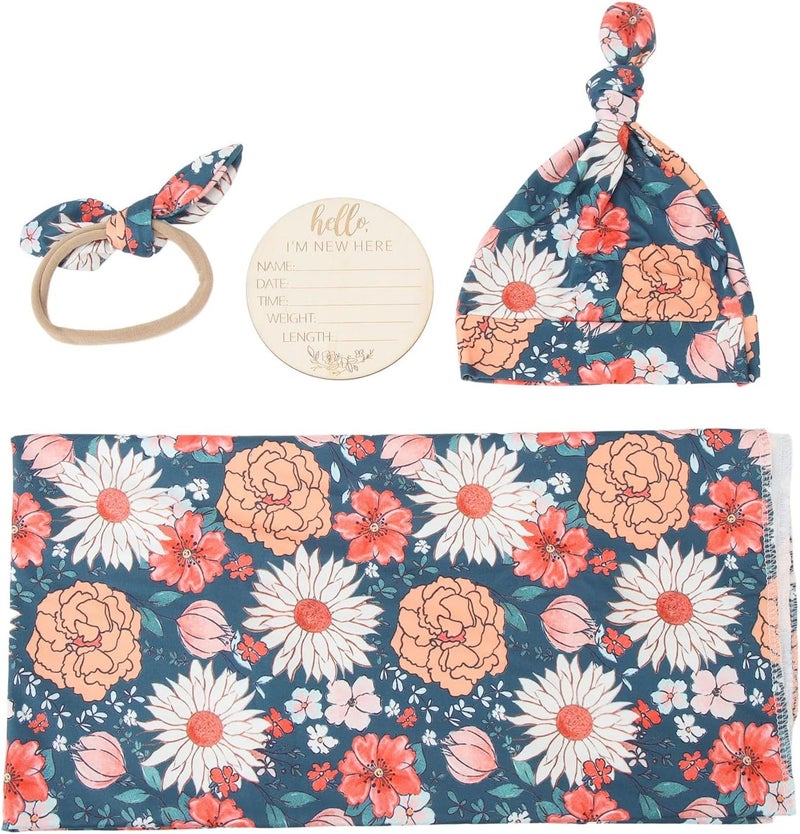 Floral Print Newborn Receiving Blanket Headband Swaddle Wrap Set Size Tipo 4 - Image 1