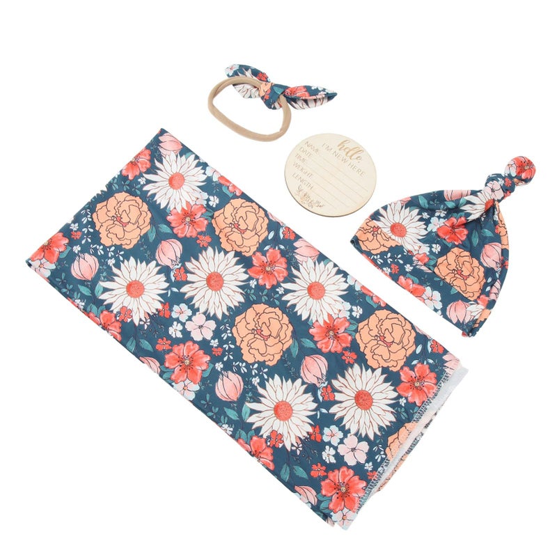 Floral Print Newborn Receiving Blanket Headband Swaddle Wrap Set Size Tipo 4 - Image 4