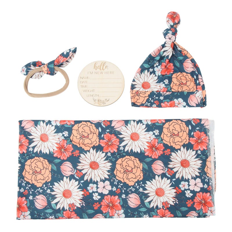 Floral Print Newborn Receiving Blanket Headband Swaddle Wrap Set Size Tipo 4 - Image 2