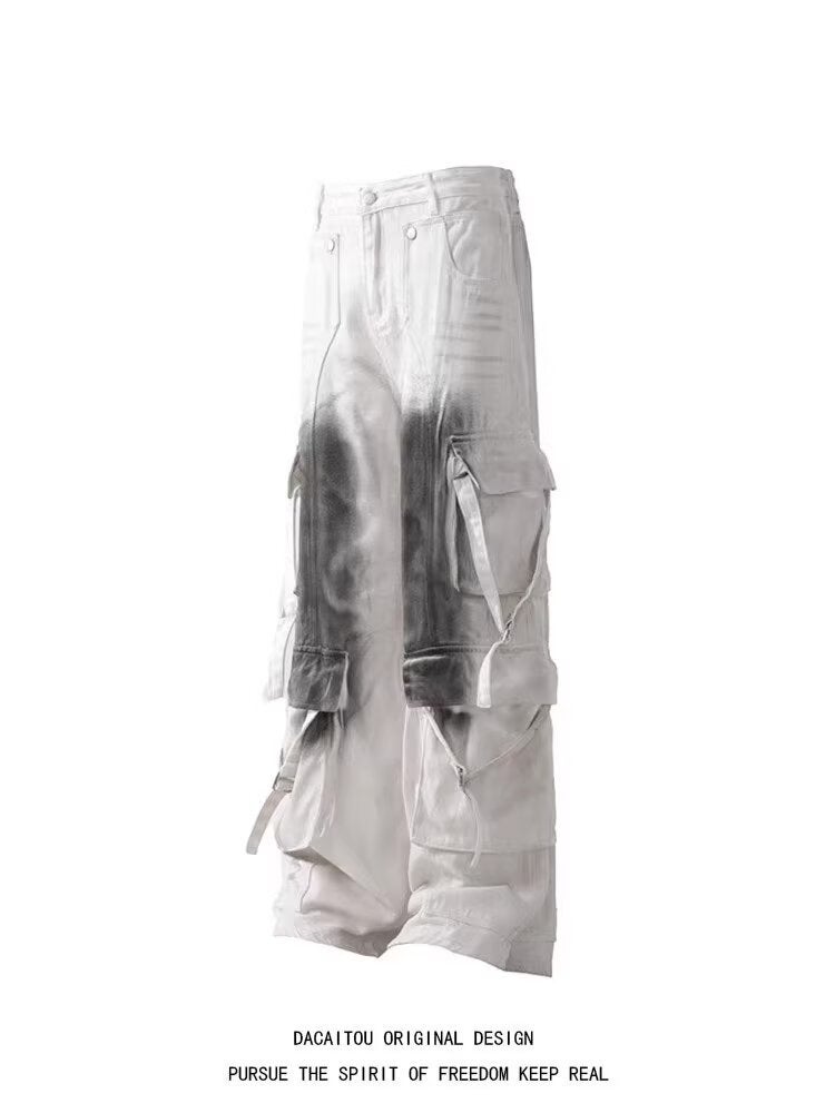 American Style High Street Multi-Pocket Streams Dirty Pants Men And Women Retro Niche Vibe Wide Leg Casual Tooling Jeans - Image 4