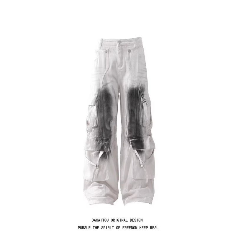 American Style High Street Multi-Pocket Streams Dirty Pants Men And Women Retro Niche Vibe Wide Leg Casual Tooling Jeans - Image 1