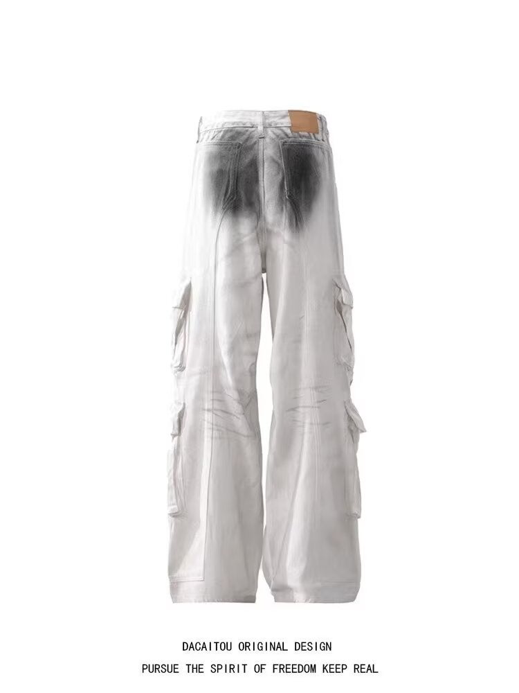 American Style High Street Multi-Pocket Streams Dirty Pants Men And Women Retro Niche Vibe Wide Leg Casual Tooling Jeans - Image 5