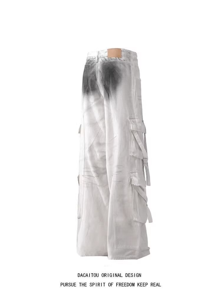 American Style High Street Multi-Pocket Streams Dirty Pants Men And Women Retro Niche Vibe Wide Leg Casual Tooling Jeans - Image 3