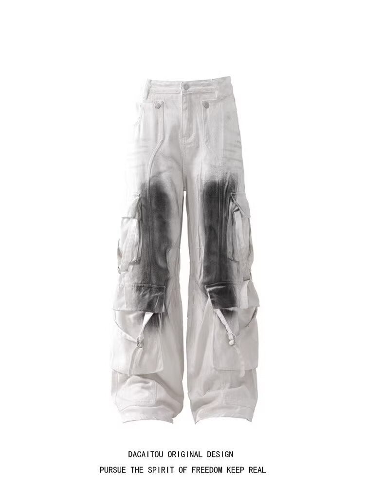 American Style High Street Multi-Pocket Streams Dirty Pants Men And Women Retro Niche Vibe Wide Leg Casual Tooling Jeans - Image 2