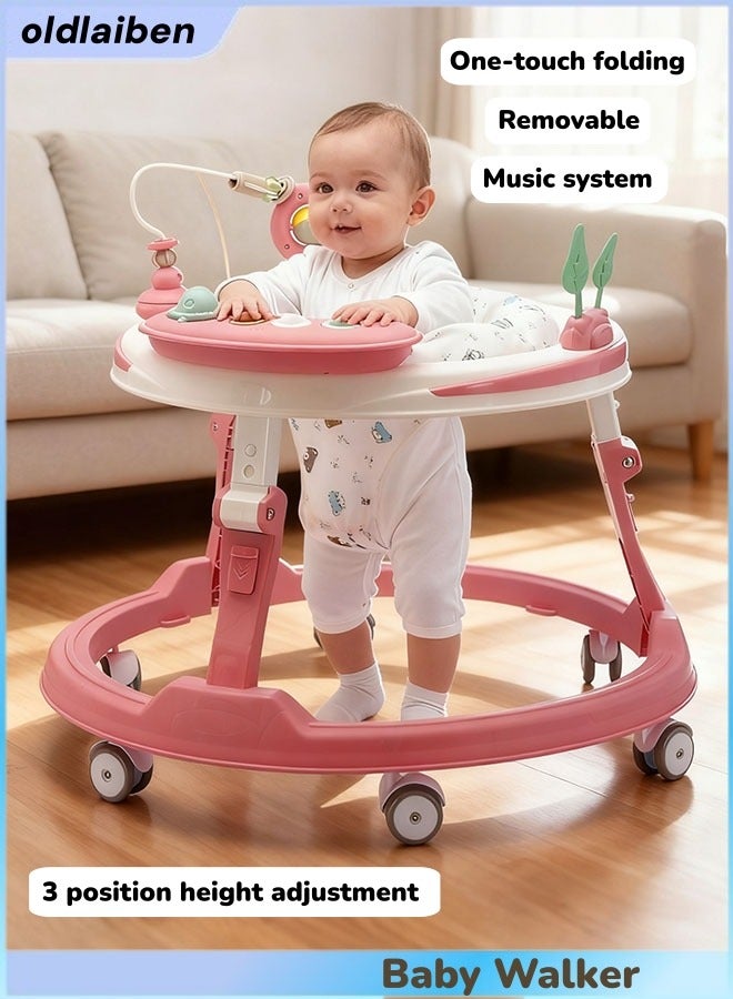 الدليبن مشاية أطفال، مشاية أطفال قابلة للطي بلمسة واحدة، مع صينية ولعبة موسيقية، هيكل دائري مضاد للتدحرج بست عجلات، 4 سرعات لضبط الارتفاع، مع طبق عشاء كبير وفرامل، للأطفال من عمر 6 إلى 18 شهرًا (وردي) - Image 1