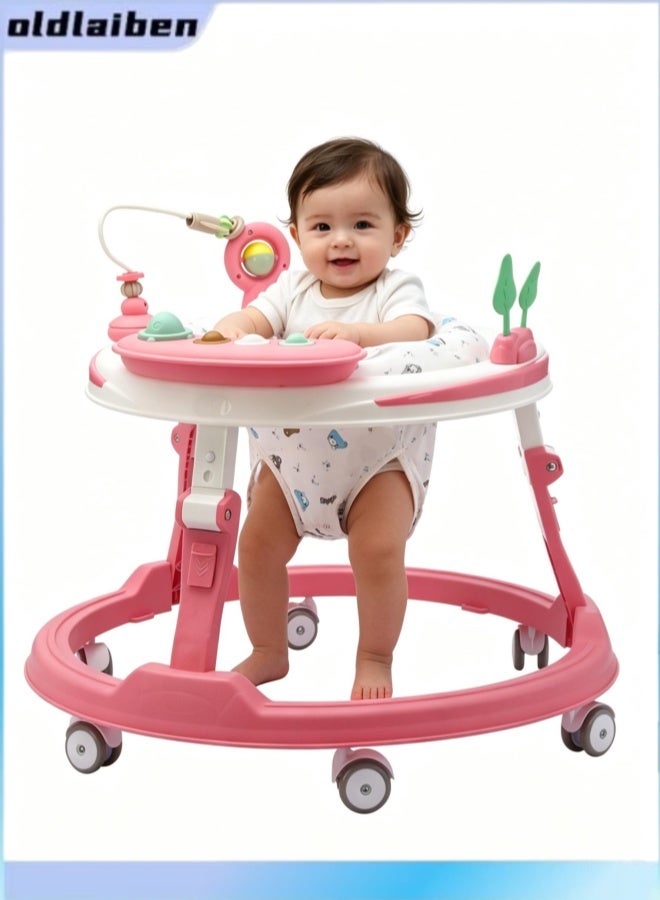 oldlaiben Baby Walker, Foldable Baby Walker Activity Center Toddler Walker with Tray & Musical Toy, 4-Level Height Adjustable Anti-Fall Round Baby Walker for Boys Girls 6-18 Months (Pink) - Image 1