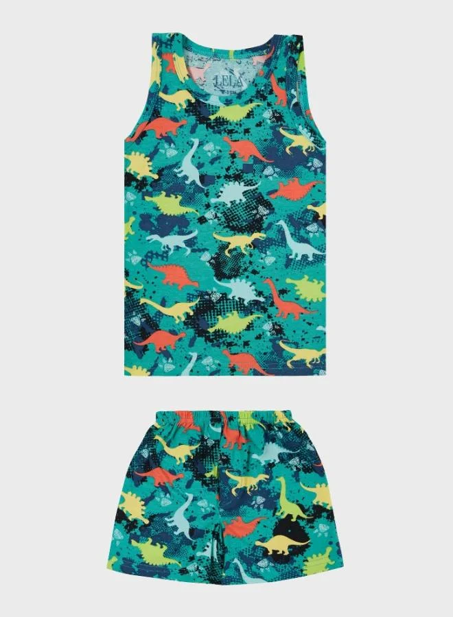 Lela Lela Patterned Stretch Cotton Crew Neck Undershirt Boxer 2-Piece Underwear Set Boy SET 6651010