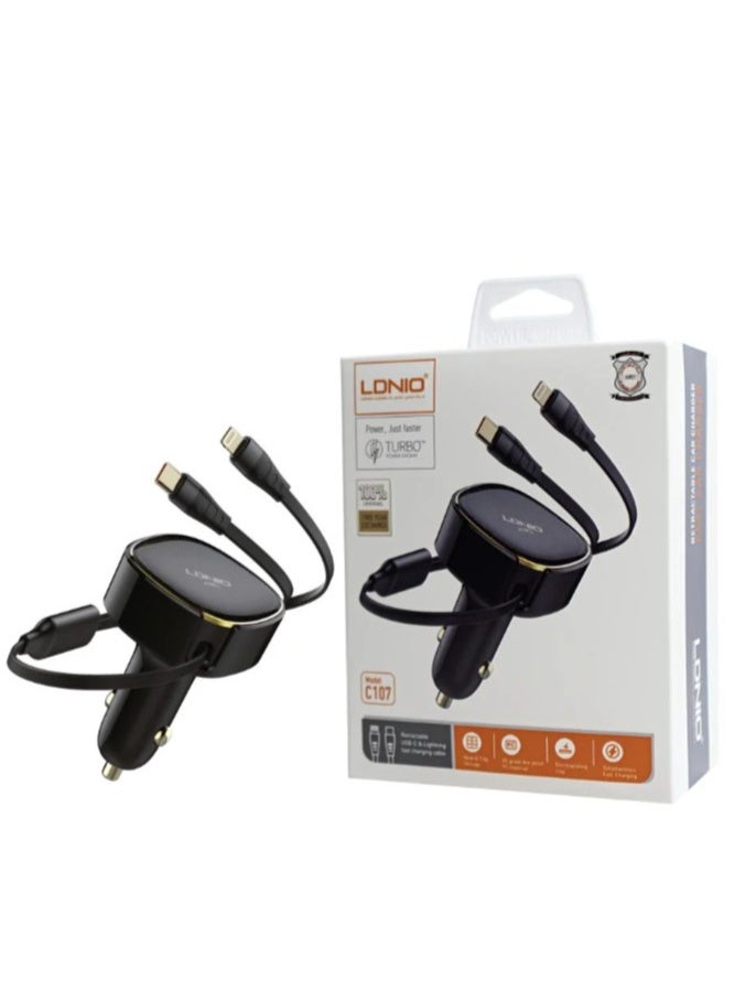 LDNIO 30W Super Fast Car Charger Wired Type C and Lightning Retractable