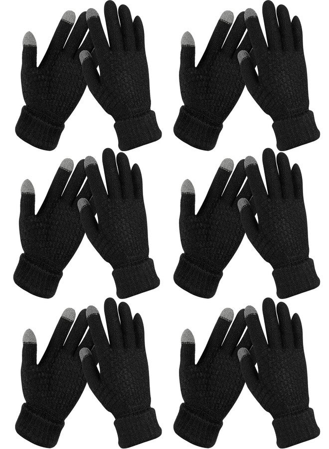 Chuarry 6 Pairs Kids Winter Touchscreen Gloves Fleece Lined Texting Warm Gloves Elastic Cuff Knitted Anti Slip Gloves for Girls (Black) - Image 1