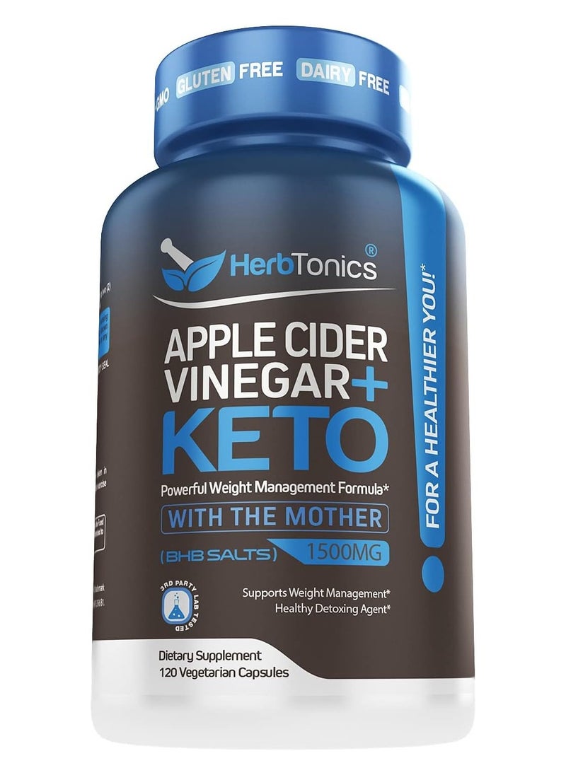 Herbtonics - 5X Potent Apple Cider Vinegar Capsules Plus Keto Bhb Salts - Fat Burner and Weight Loss Supplement Detox Formula for Women and Men 120 Vegan Pills - Image 1
