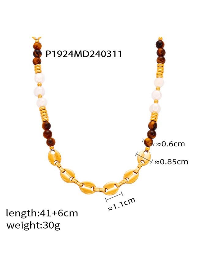 European And American New Fashion Retro Palace Style Titanium Steel Gold-plated Natural Tiger Eye Stone Freshwater Pearl Handmade Beaded Necklace
