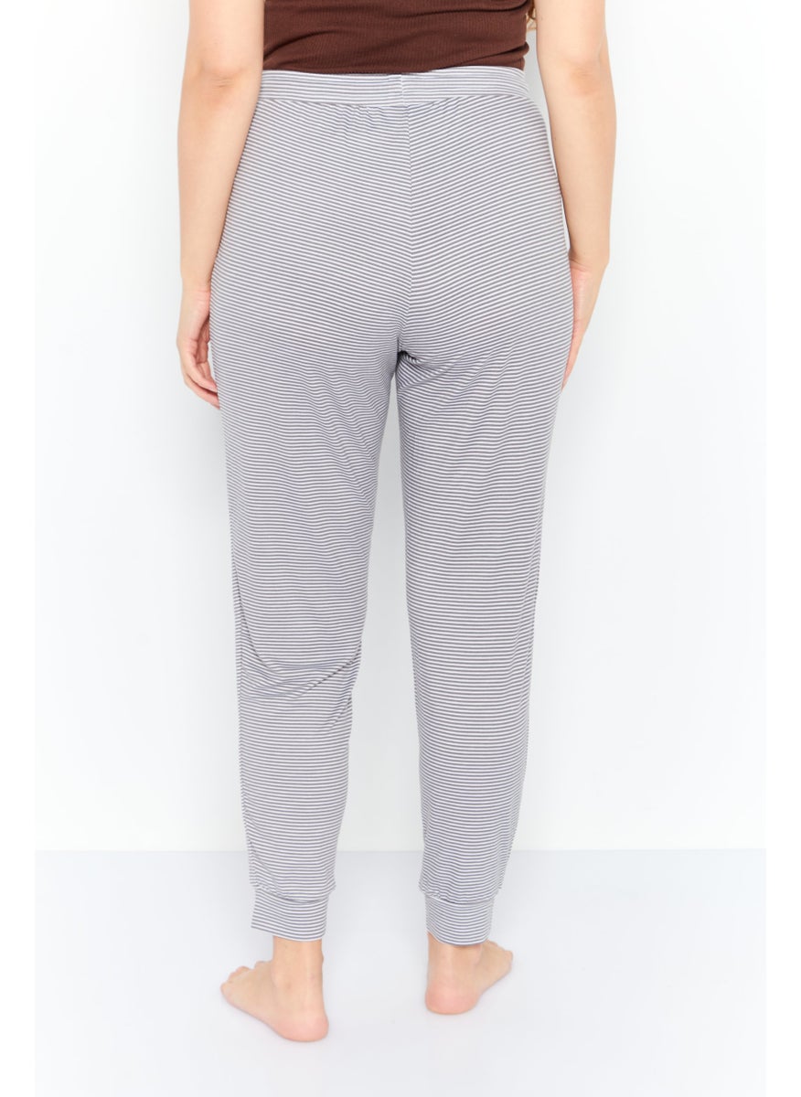 Rae Dunn Women Stripe Print Drawstring Pajamas, Grey  - Image 3