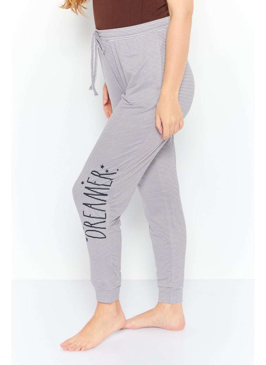 Rae Dunn Women Stripe Print Drawstring Pajamas, Grey  - Image 4