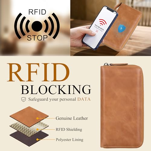 VISOUL Leather Long Zipper Pouch Wallet for Men and Women with RFID Blocking, Large Clutch Cash Long Wallet with Zipper (Tan) - Image 4
