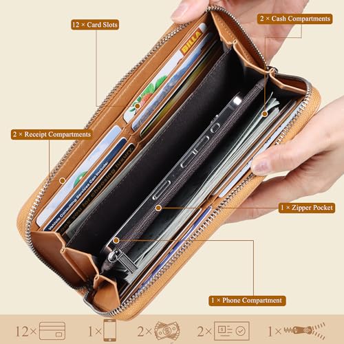 VISOUL Leather Long Zipper Pouch Wallet for Men and Women with RFID Blocking, Large Clutch Cash Long Wallet with Zipper (Tan) - Image 2