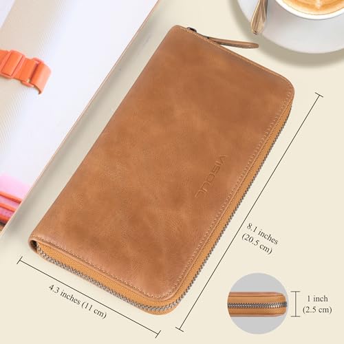 VISOUL Leather Long Zipper Pouch Wallet for Men and Women with RFID Blocking, Large Clutch Cash Long Wallet with Zipper (Tan) - Image 3