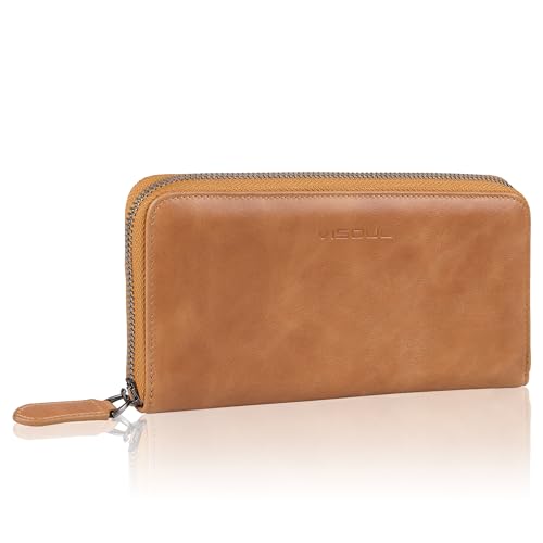 VISOUL Leather Long Zipper Pouch Wallet for Men and Women with RFID Blocking, Large Clutch Cash Long Wallet with Zipper (Tan) - Image 1