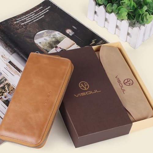 VISOUL Leather Long Zipper Pouch Wallet for Men and Women with RFID Blocking, Large Clutch Cash Long Wallet with Zipper (Tan) - Image 5