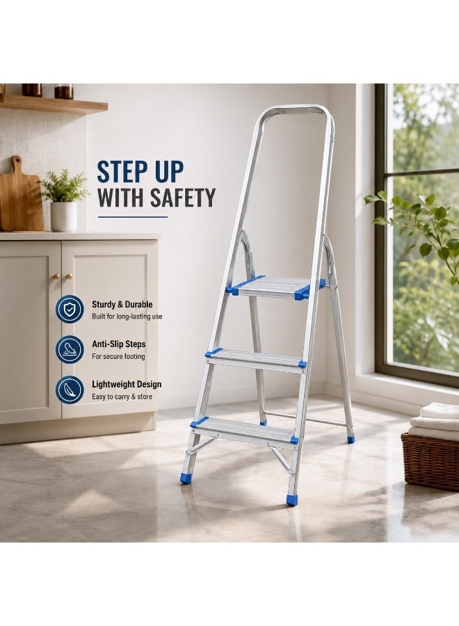 ALMUFARREJ 3 Step Aluminum Folding Ladder with Safety Handle, Lightweight Anti Slip Step Stool for Home, Kitchen, Office & Storage - Image 1
