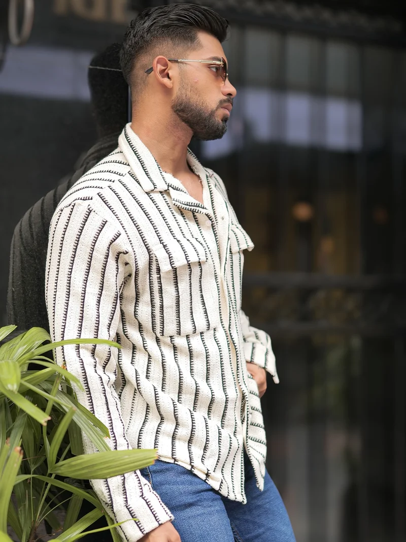 Maniac Maniac Mens Solid Textured Full Sleeve Collared Neck Half White Oversized Shirt