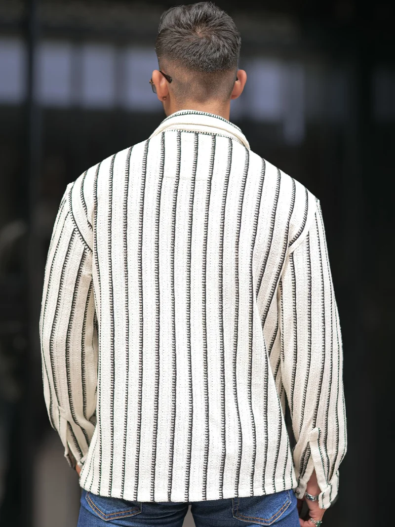 Maniac Maniac Mens Solid Textured Full Sleeve Collared Neck Half White Oversized Shirt