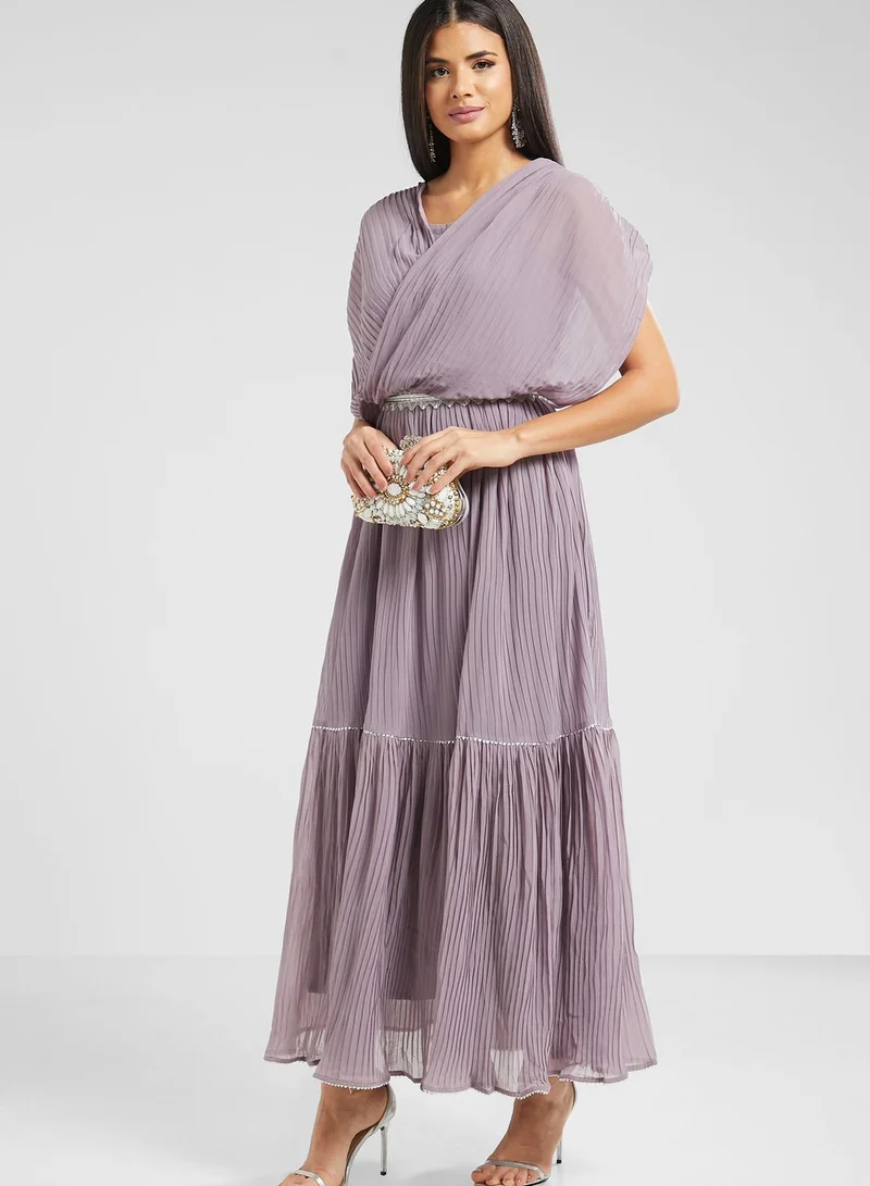 INDDUS Lace Detail Belted Pleated Dress