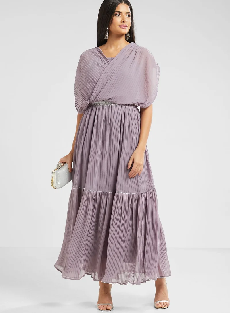 INDDUS Lace Detail Belted Pleated Dress